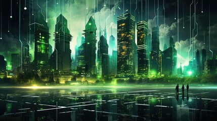 Sticker - digital futuristic night city illustration building future, street urban, technology background digital futuristic night city