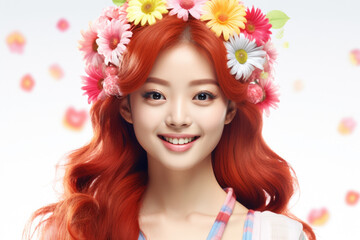 Poster - A woman wearing a flower crown on her head. Perfect for spring or summer-themed designs.