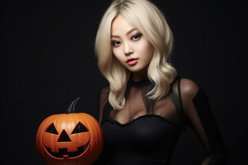 Wall Mural - A woman wearing a black dress holds a pumpkin. This image can be used for Halloween-themed designs or autumn-related content.