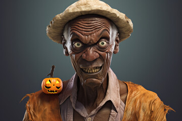 Wall Mural - A man wearing a hat and carrying a pumpkin on his shoulder. This image can be used for Halloween-themed designs or fall-related content.