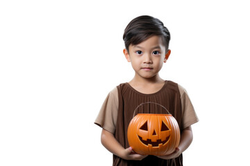 Wall Mural - A young boy holding a pumpkin in his hands. Perfect for Halloween decorations or autumn-themed designs.