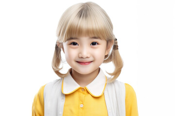 Poster - A young girl dressed in a yellow shirt and white vest. This image can be used to depict a happy child in casual clothing.