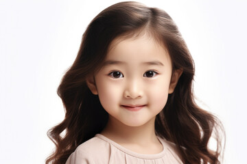 Poster - A charming little girl with long brown hair smiles warmly at the camera. This delightful image can be used to convey happiness, innocence, and joy. Perfect for family, lifestyle, and children-related 