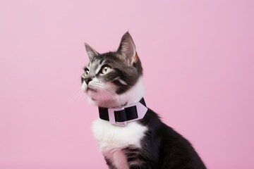Wall Mural - american bobtail cat wearing a shark fin harness against a pastel or soft colors background