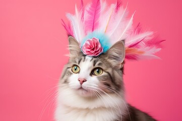 Wall Mural - american bobtail cat wearing a feathered carnival hat against a pastel or soft colors background