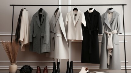 Wall Mural - A sophisticated display of a white-gray-black coat and sweater on hangers in a high-end fashion store. These classic pieces showcase timeless elegance in women's fashion.