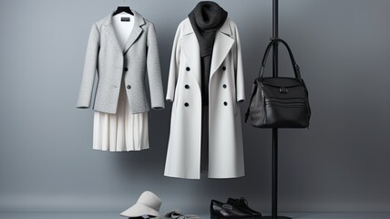 Wall Mural - A sophisticated display of a white-gray-black coat and sweater on hangers in a high-end fashion store. These classic pieces showcase timeless elegance in women's fashion.