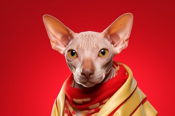 Wall Mural - sphynx cat wearing a hot dog costume against a red background