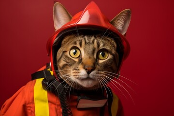 Wall Mural - chausie cat wearing a fireman costume against a red background