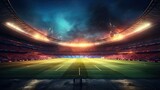 Fototapeta Sport - A football stadium lights up the night sky as the green pitch gleams under the floodlights, setting the stage for an exciting match.