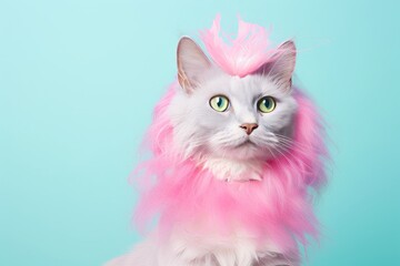 Wall Mural - laperm cat wearing a mermaid tail against a pastel pink background