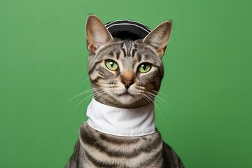 Wall Mural - egyptian mau cat wearing a sushi chef costume against a green background