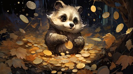 Poster -  a painting of a raccoon sitting on a pile of gold coins.  generative ai