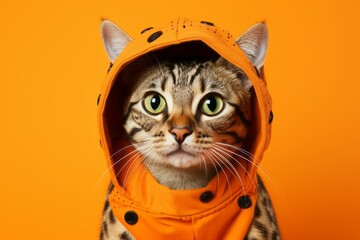 Wall Mural - ocicat cat wearing a dinosaur costume against a bright orange background