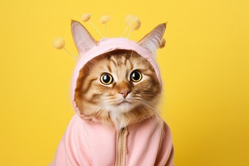 Wall Mural - turkish angora cat wearing a bee costume against a peachy pink background