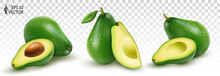 Vector Set Of Ripe Avocados. Fresh Fruits And Pieces. 3D Realistic Food Illustration. Packaging Design Element