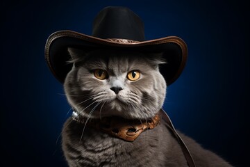 Wall Mural - scottish fold cat wearing a cowboy hat against a navy blue background