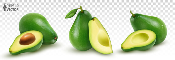 Wall Mural - Vector set of ripe avocados. Fresh fruits and pieces. 3D realistic food illustration. Packaging design element