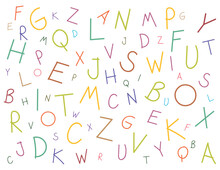 Mixed Alphabet Pattern Background. Freehand Drawn Colorful Letters Vector Graphic.