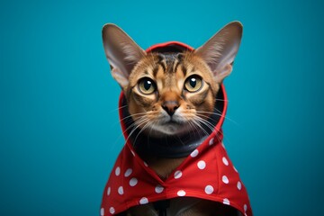 Wall Mural - abyssinian cat wearing a ladybug costume against a teal blue background