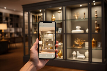 Wall Mural - A shopper utilizing augmented reality to visualize furniture in their home before making a purchase. Concept of technology in shopping. Generative Ai.