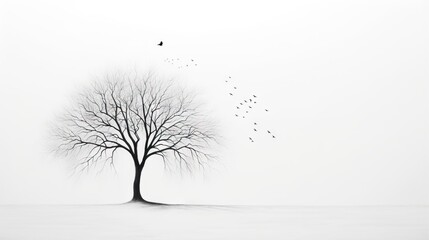 Sticker -  a black and white photo of a tree with birds flying around it.  generative ai