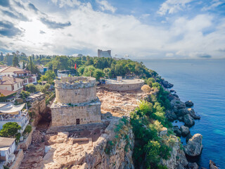 Wall Mural - Hidirlik Tower, landmark of old town in Antalya Turkey. Drone view