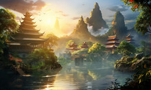 China, Beautiful Landscape At Sunset With Mountains, Lake And Traditional Houses