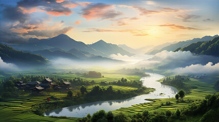 Canvas Print - China, beautiful landscape at sunset with mountains, lake and traditional houses