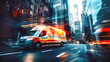 Ambulance car on city road, motion blur image with focus on automobile 