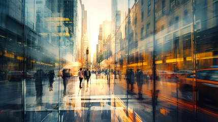 Canvas Print - Motion blur of people crossing city road, cars and public transport stopped at traffic light. Beautiful lights reflection in Skyscrapers glass