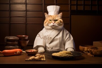 Wall Mural - cymric cat wearing a sushi chef costume against a rustic brown background