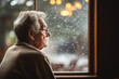 A lonely elderly person looking out of a window, symbolizing the isolation and mental health challenges often faced by seniors. Concept of social isolation. Generative Ai.