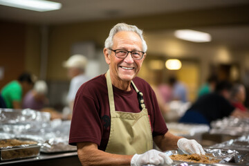 Poster - A senior citizen volunteering at a local charity, underscoring the contributions older individuals can make to their communities. Concept of senior volunteerism. Generative Ai.