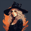 Halloween Modern Witch on Dark background with orange