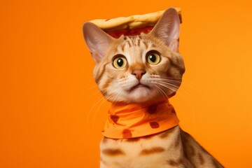 Wall Mural - ocicat cat wearing a pizza slice costume against a tangerine orange background