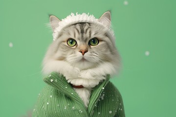 Wall Mural - siberian cat wearing a snowman outfit against a pastel green background