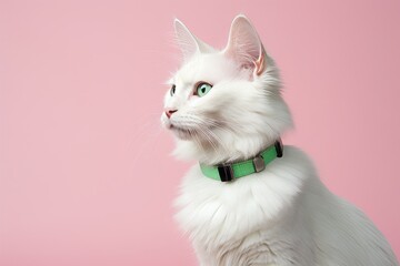 Wall Mural - turkish angora cat wearing a bell collar against a pastel green background