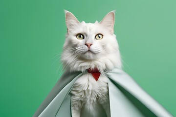 Wall Mural - turkish angora cat wearing a superhero cape against a pastel green background