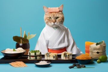 Wall Mural - singapura cat wearing a sushi chef costume against a sky-blue background