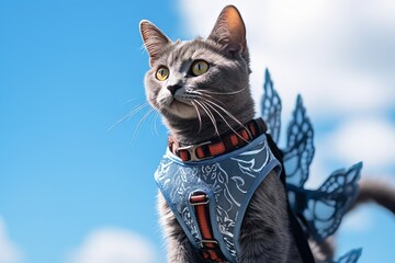 Wall Mural - korat cat wearing a dragon wings harness against a sky-blue background