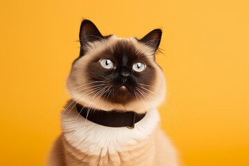 Wall Mural - himalayan cat wearing a bell collar against a yellow background