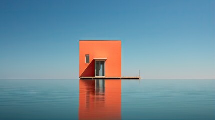 Poster -  an orange building sitting on top of a body of water.  generative ai