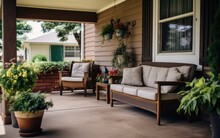 A Charming Front Porch Adorned With Potted Plants, Comfortable Seating, And A Welcoming Entryway, Creating An Inviting And Cozy Space For Relaxation And Socializing. Generative AI
