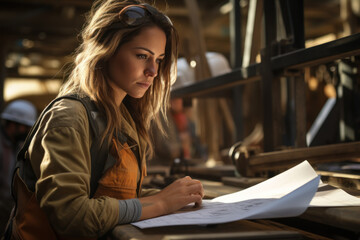 Canvas Print - A female engineer inspecting blueprints at a construction site, breaking gender stereotypes. Generative Ai.