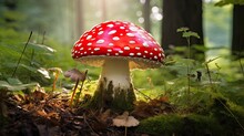  A Red Mushroom Sitting In The Middle Of A Forest Floor.  Generative Ai