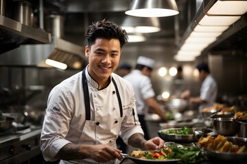 attractive young chef of luxury international restaurant preparing popular food. Generative Ai.