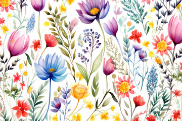 Poster - Seamless pattern with watercolor flowers. Hand-drawn illustration.