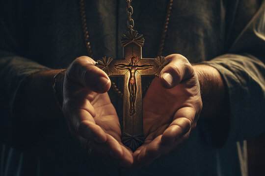 Christianity hands holding religious cross. Pray to god