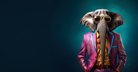 Wall Mural - Cool looking elephant wearing funky fashion dress - jacket, tie, glasses. Wide banner with space for text at side. Stylish animal posing as supermodel. Generative AI